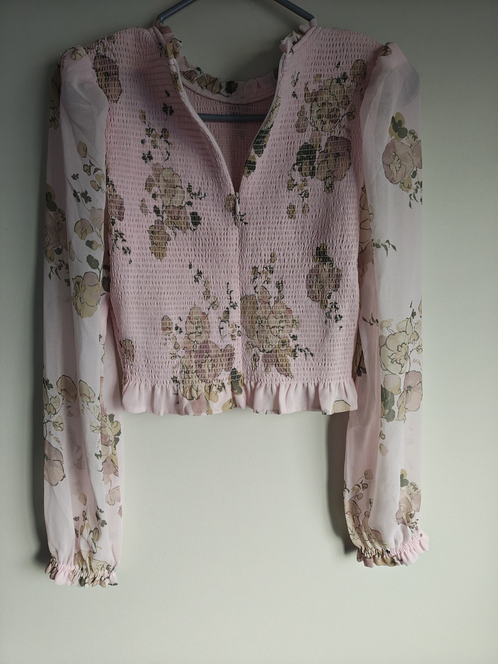 Wilfred Pink Floral Smocked Ruffle-Neck Blouse Ptp 15" - Picture 6 of 12